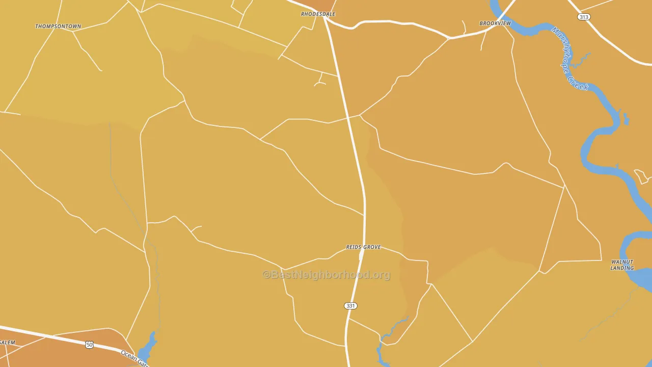 Map of the best neighborhoods in the Reids Grove area, with better matches in green and worse matches in red