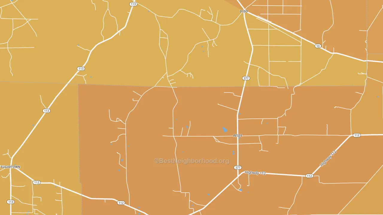 Map of the best neighborhoods in the Reids area, with better matches in green and worse matches in red