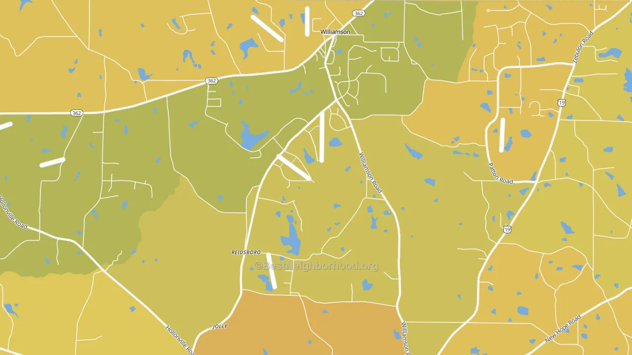 Map of the best neighborhoods in the Reidsboro area, with better matches in green and worse matches in red