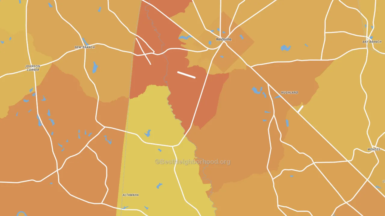 Map of the best neighborhoods in the Reidsville area, with better matches in green and worse matches in red