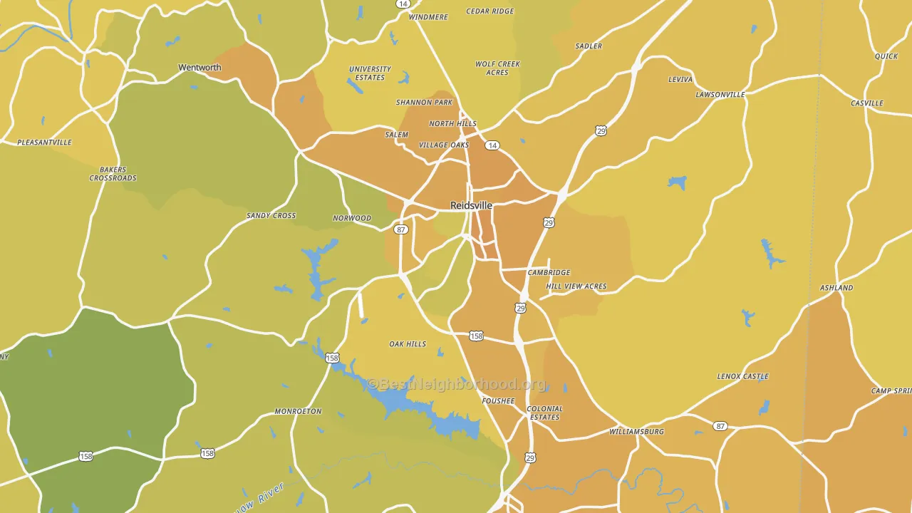 Map of the best neighborhoods in the Reidsville area, with better matches in green and worse matches in red