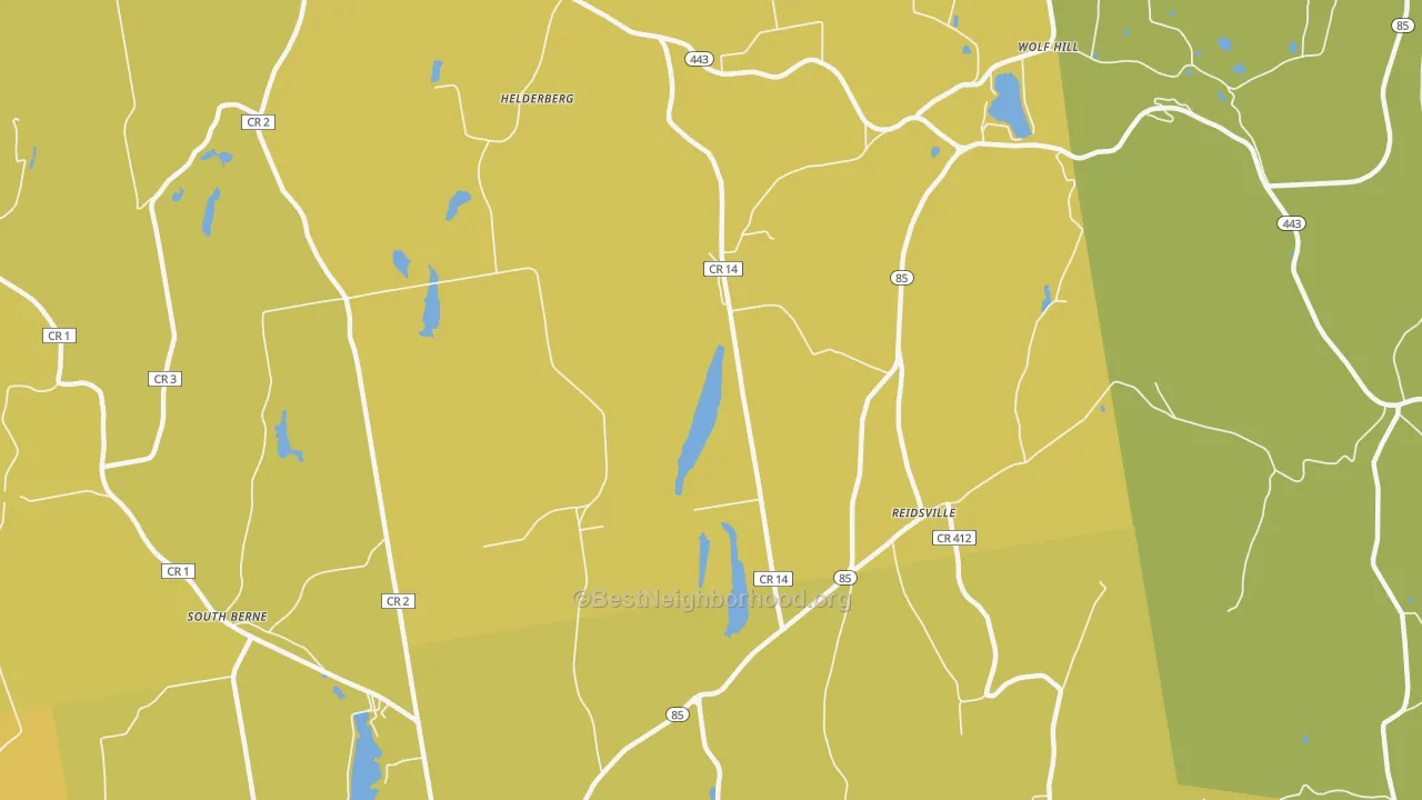 Map of the best neighborhoods in the Reidsville area, with better matches in green and worse matches in red