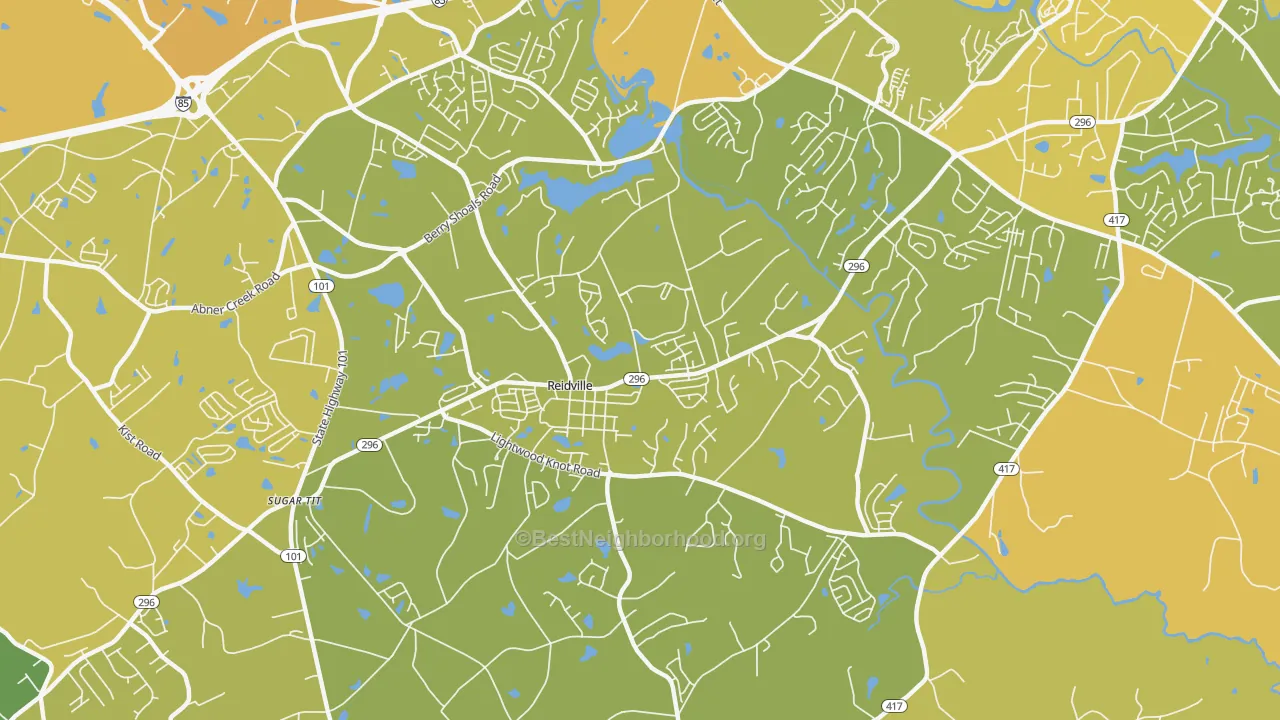 Map of the best neighborhoods in the Reidville area, with better matches in green and worse matches in red