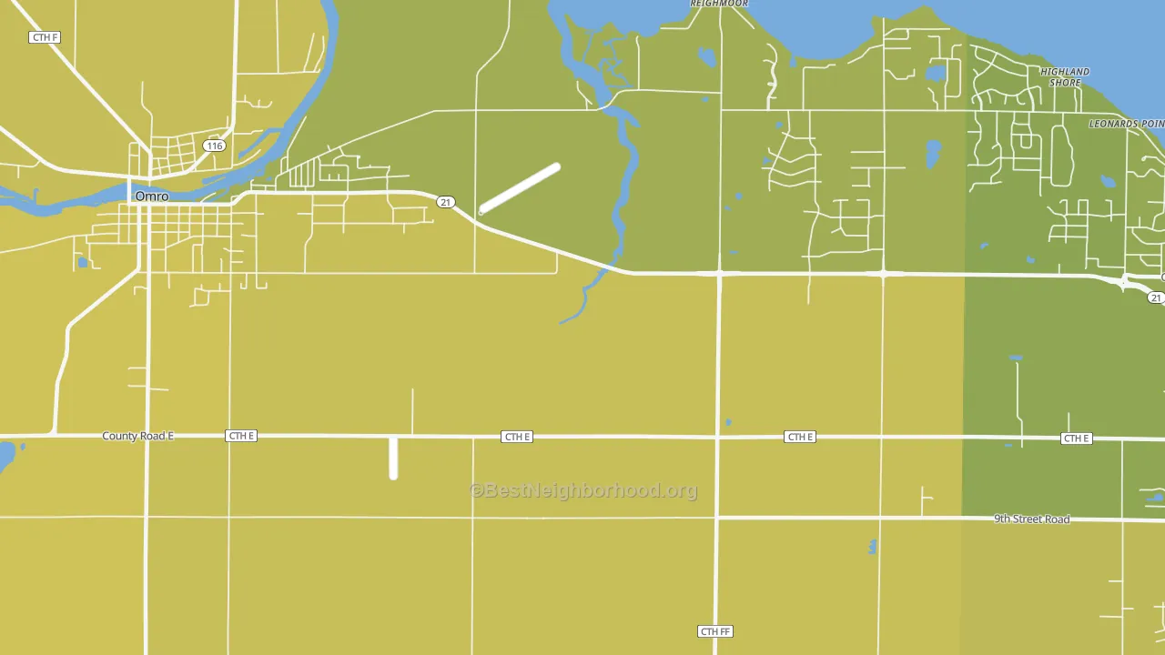Map of the best neighborhoods in the Reighmoor area, with better matches in green and worse matches in red
