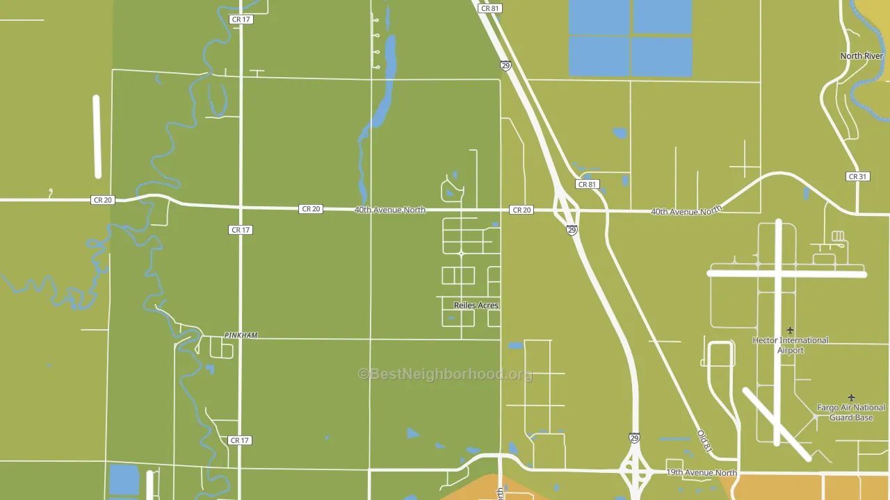 Map of the best neighborhoods in the Reiles Acres area, with better matches in green and worse matches in red