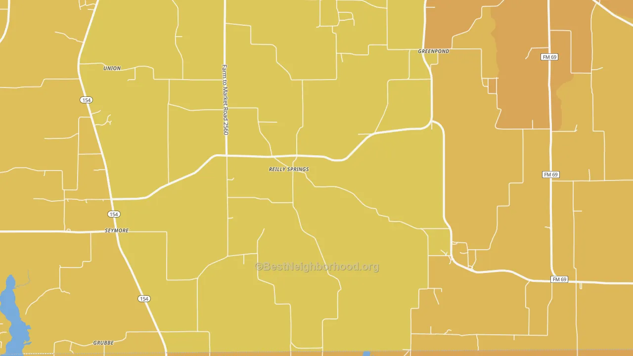 Map of the best neighborhoods in the Reilly Springs area, with better matches in green and worse matches in red