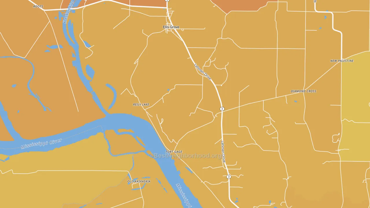 Map of the best neighborhoods in the Reily Lake area, with better matches in green and worse matches in red