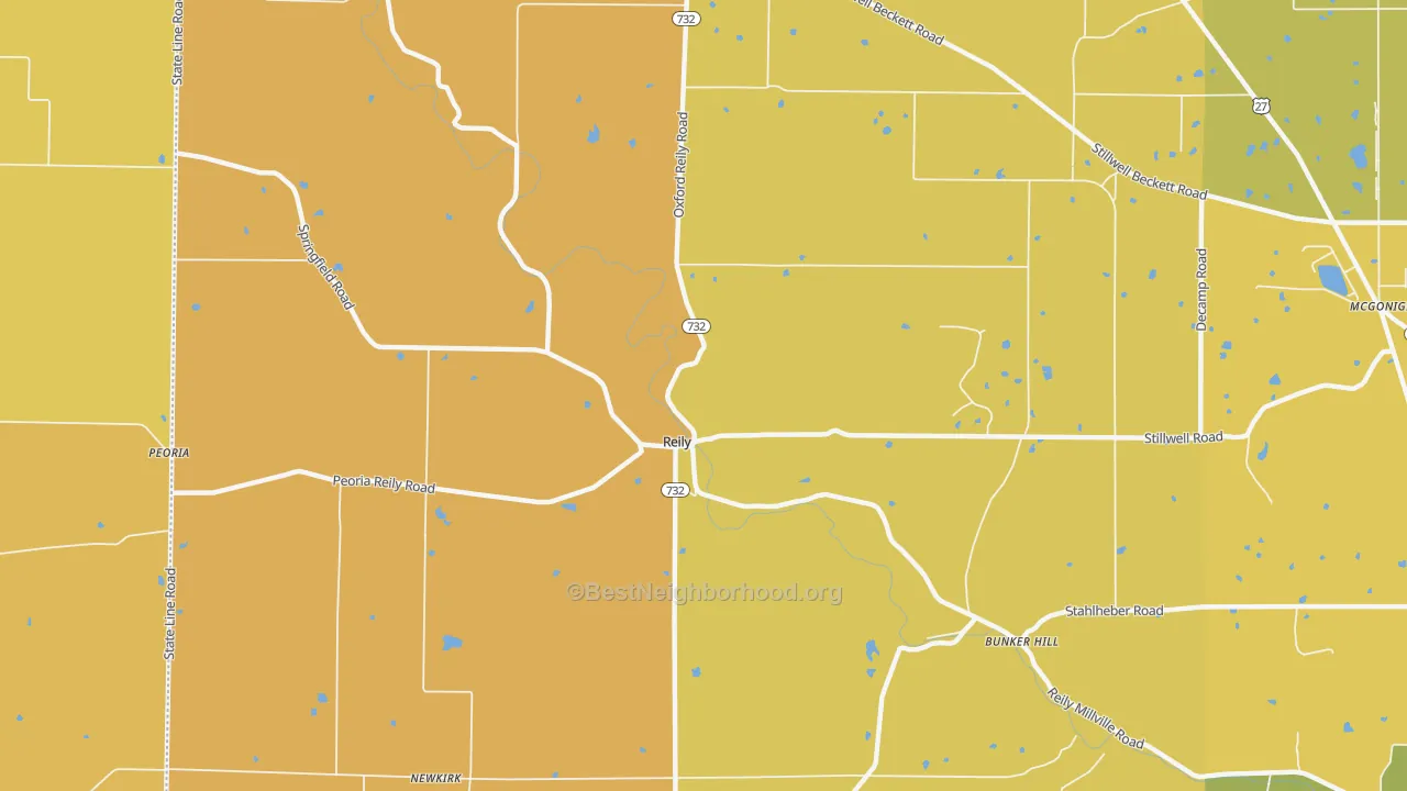 Map of the best neighborhoods in the Reily area, with better matches in green and worse matches in red