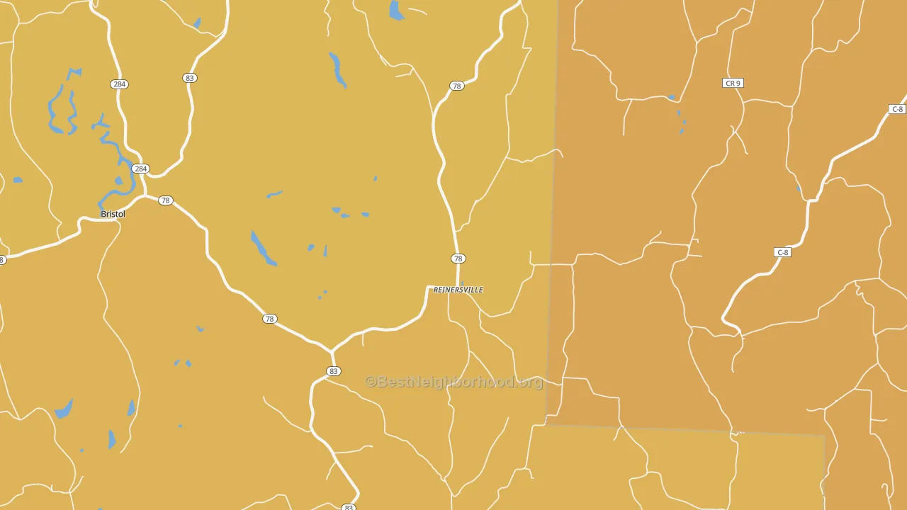 Map of the best neighborhoods in the Reinersville area, with better matches in green and worse matches in red