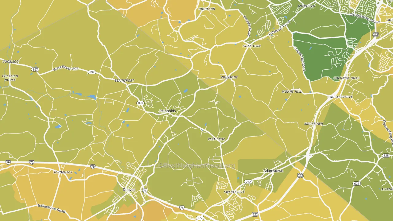 Map of the best neighborhoods in the Reinholds area, with better matches in green and worse matches in red