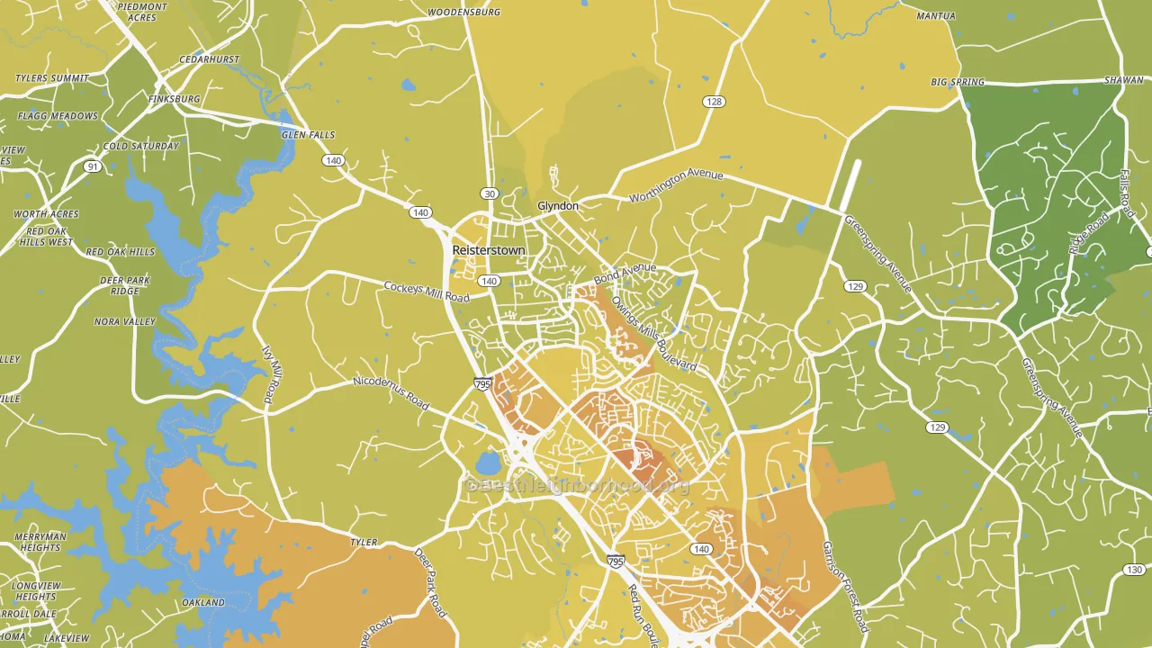 Map of the best neighborhoods in the Reisterstown area, with better matches in green and worse matches in red