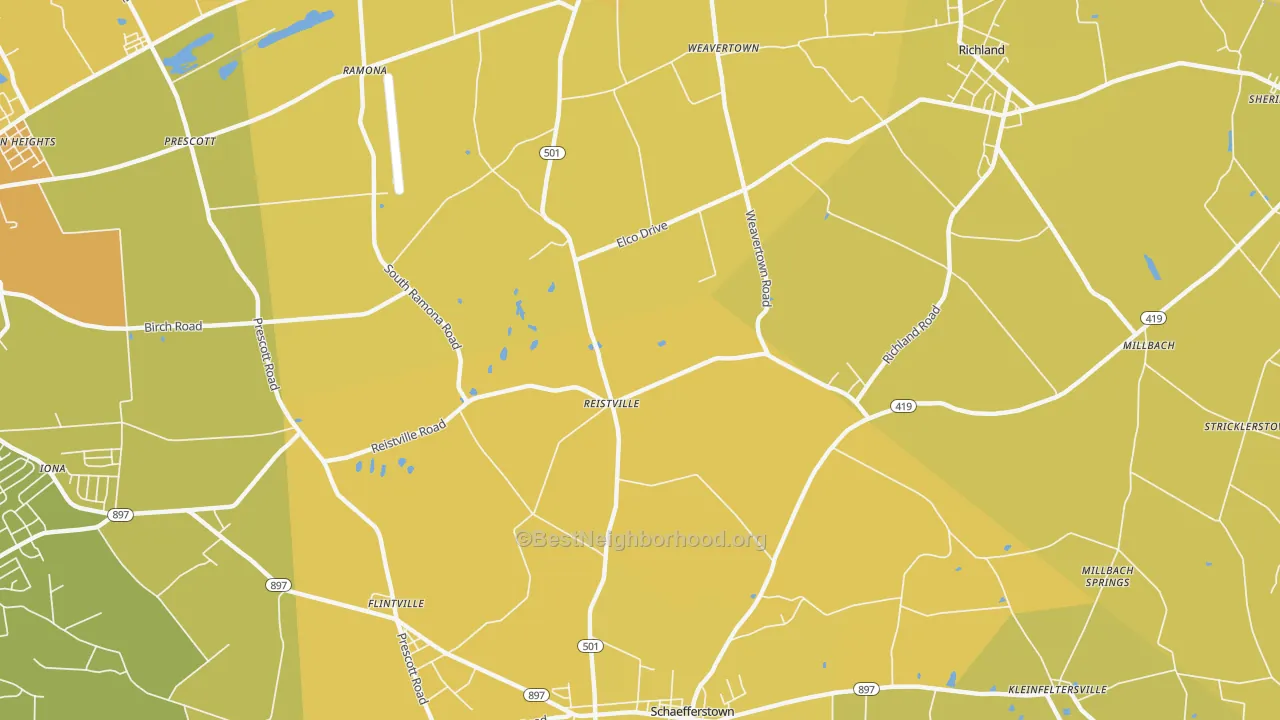 Map of the best neighborhoods in the Reistville area, with better matches in green and worse matches in red