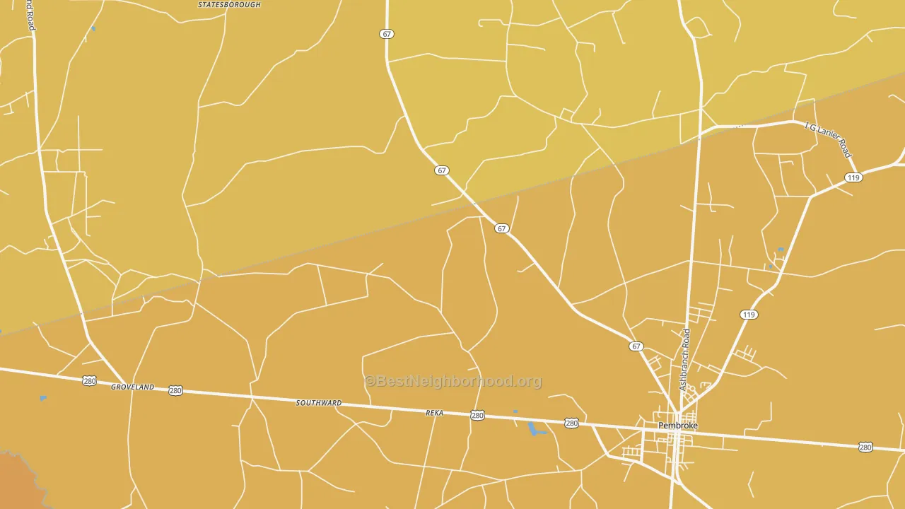 Map of the best neighborhoods in the Reka area, with better matches in green and worse matches in red