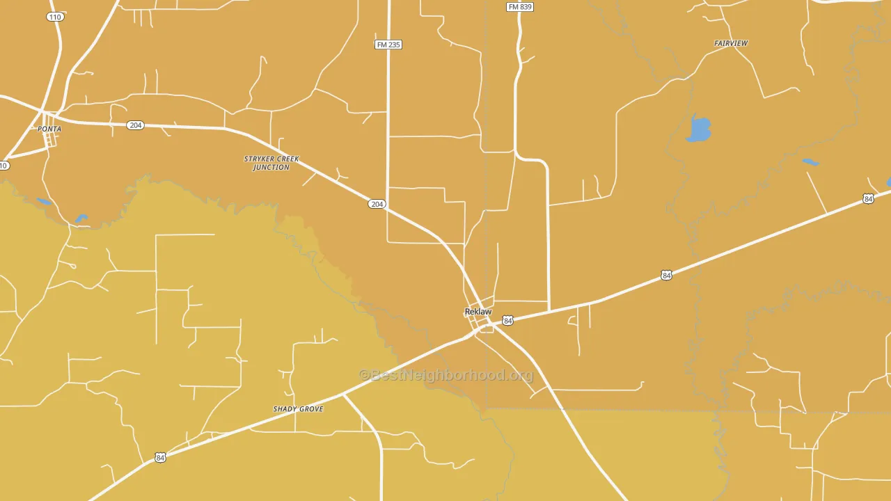 Map of the best neighborhoods in the Reklaw area, with better matches in green and worse matches in red