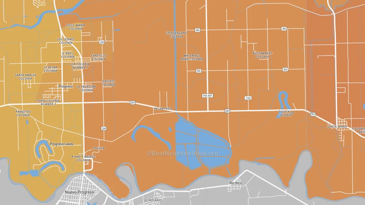 Map of the best neighborhoods in the Relampago area, with better matches in green and worse matches in red