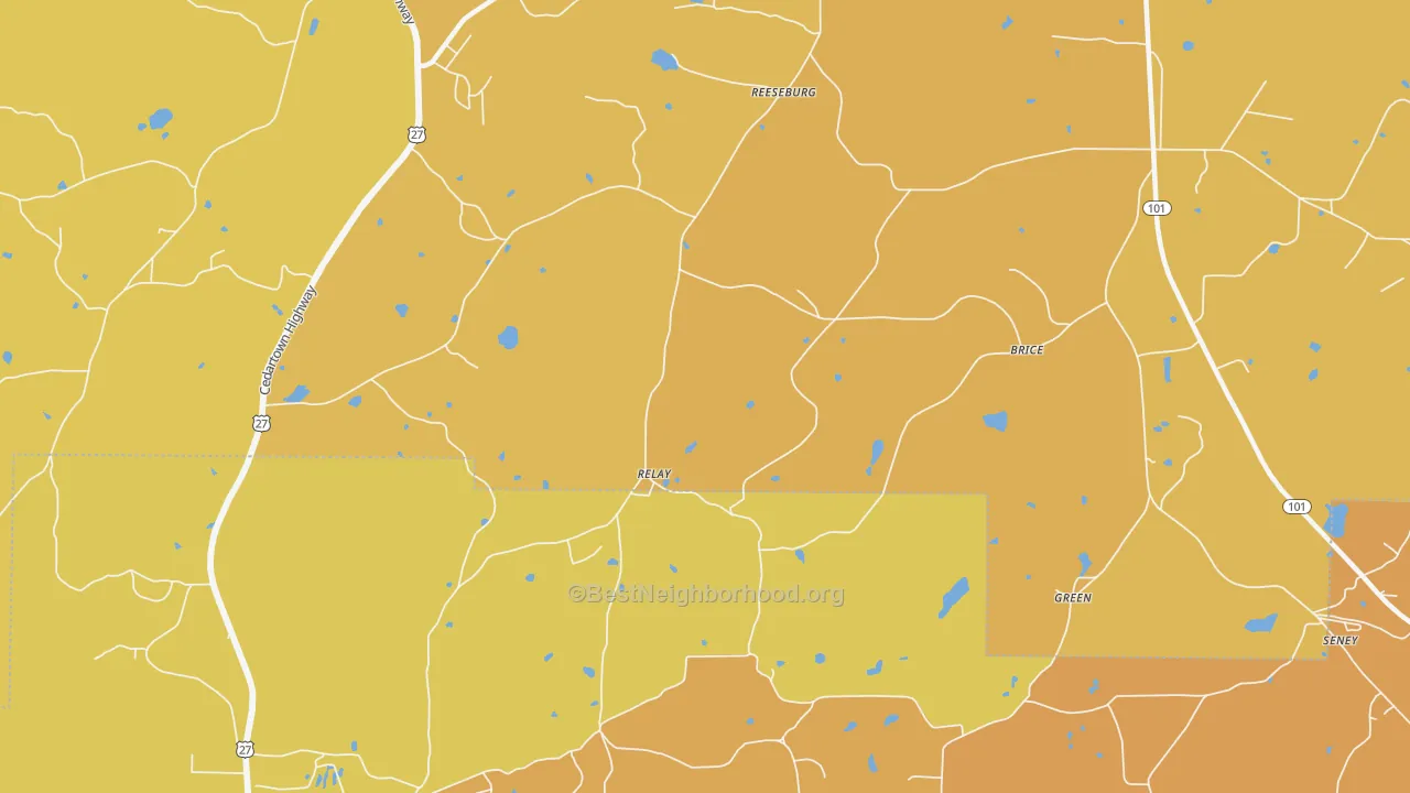 Map of the best neighborhoods in the Relay area, with better matches in green and worse matches in red