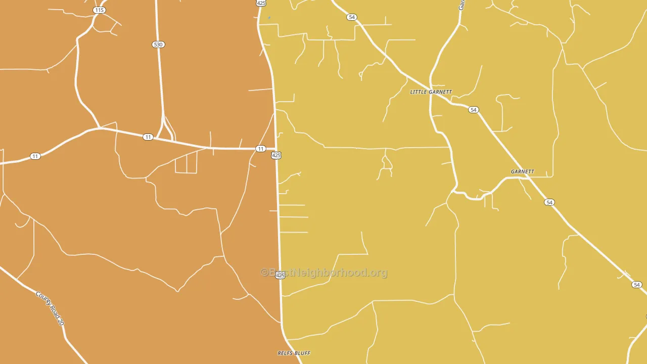 Map of the best neighborhoods in the Relfs Bluff area, with better matches in green and worse matches in red