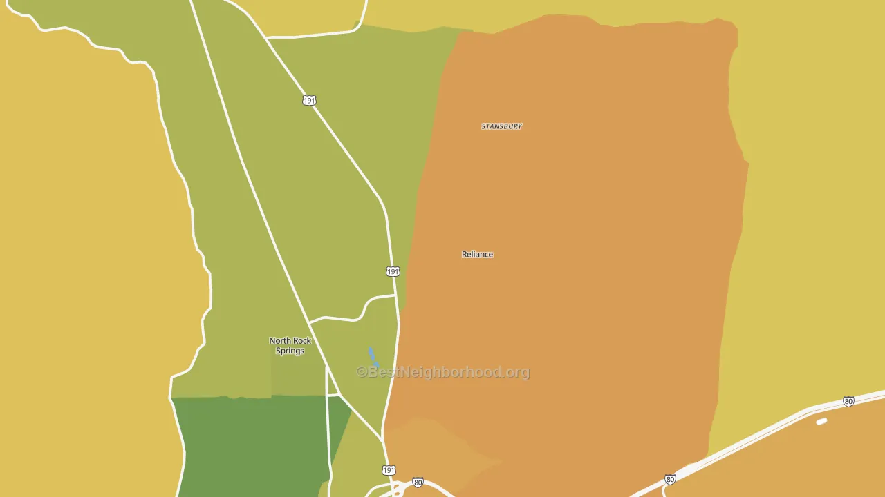 Map of the best neighborhoods in the Reliance area, with better matches in green and worse matches in red