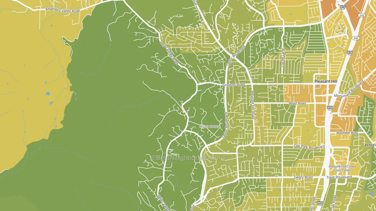 Map of the best neighborhoods in the Reliez Valley area, with better matches in green and worse matches in red