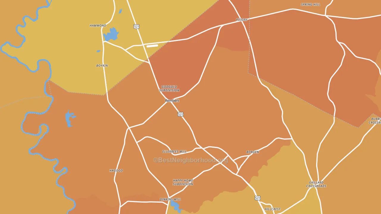 Map of the best neighborhoods in the Rembert area, with better matches in green and worse matches in red