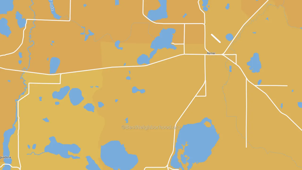 Map of the best neighborhoods in the Remer area, with better matches in green and worse matches in red