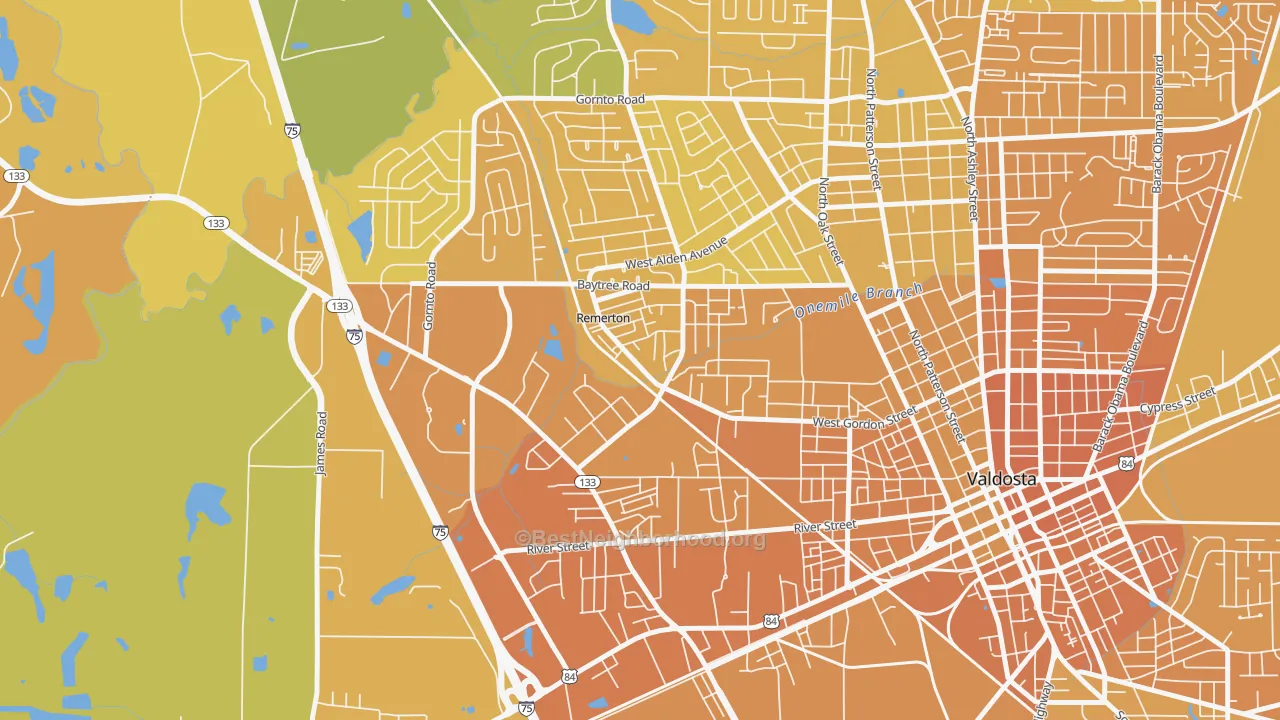 Map of the best neighborhoods in the Remerton area, with better matches in green and worse matches in red