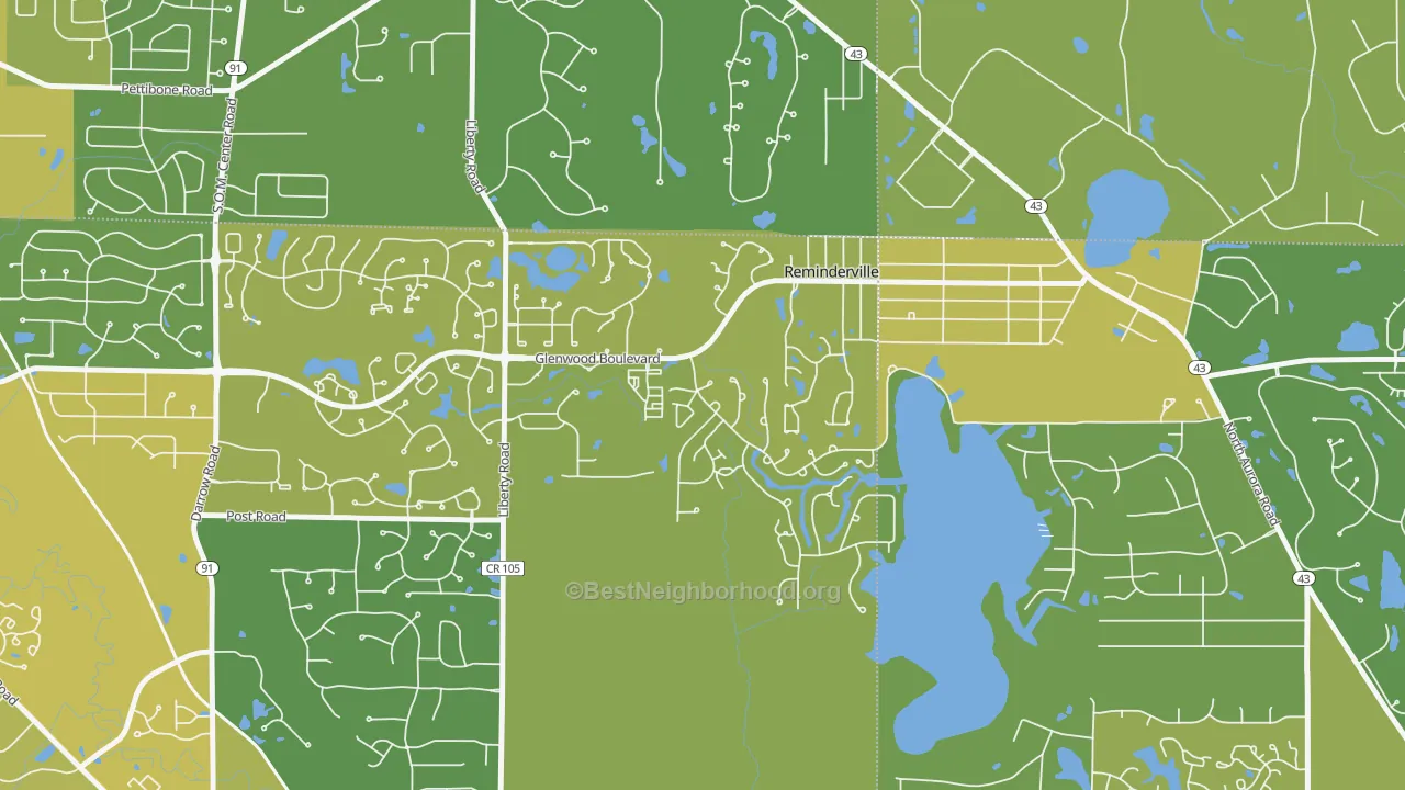 Map of the best neighborhoods in the Reminderville area, with better matches in green and worse matches in red
