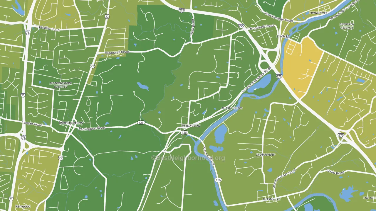 Map of the best neighborhoods in the Remington area, with better matches in green and worse matches in red