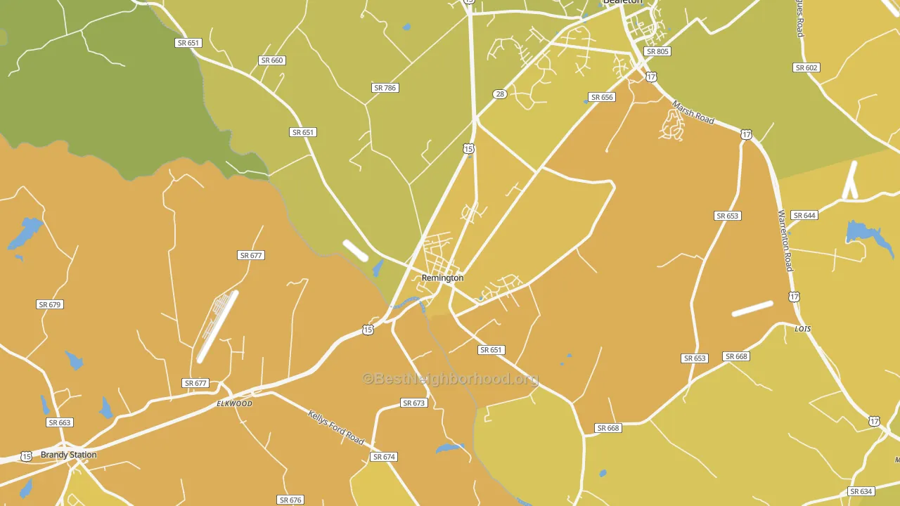 Map of the best neighborhoods in the Remington area, with better matches in green and worse matches in red