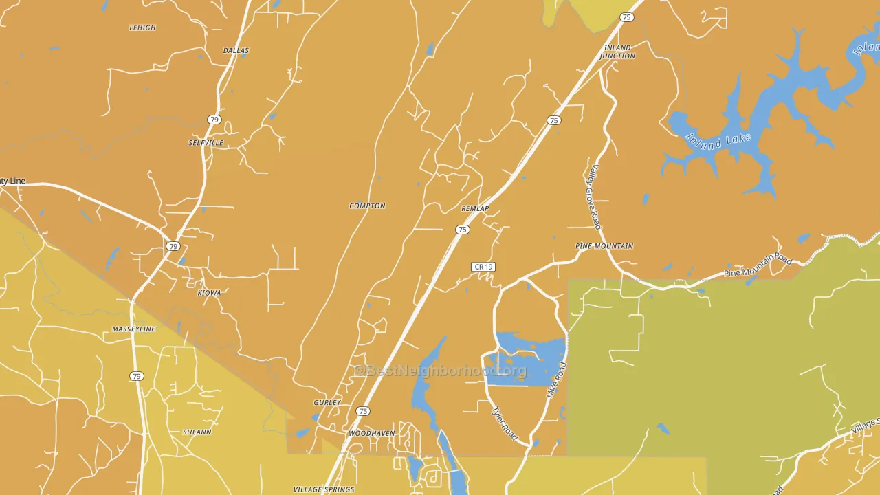 Map of the best neighborhoods in the Remlap area, with better matches in green and worse matches in red