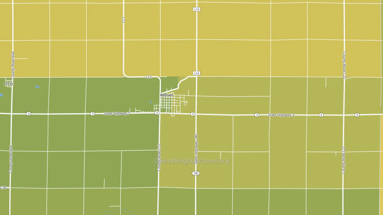 Map of the best neighborhoods in the Remsen area, with better matches in green and worse matches in red
