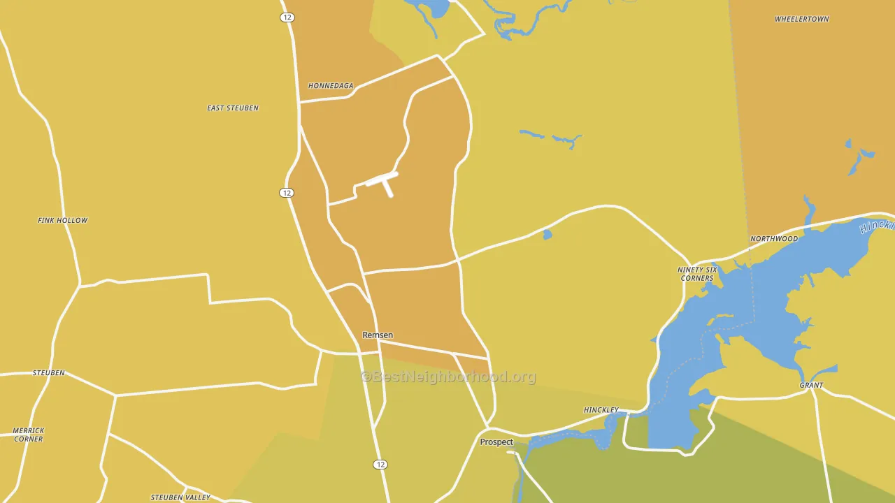 Map of the best neighborhoods in the Remsen area, with better matches in green and worse matches in red