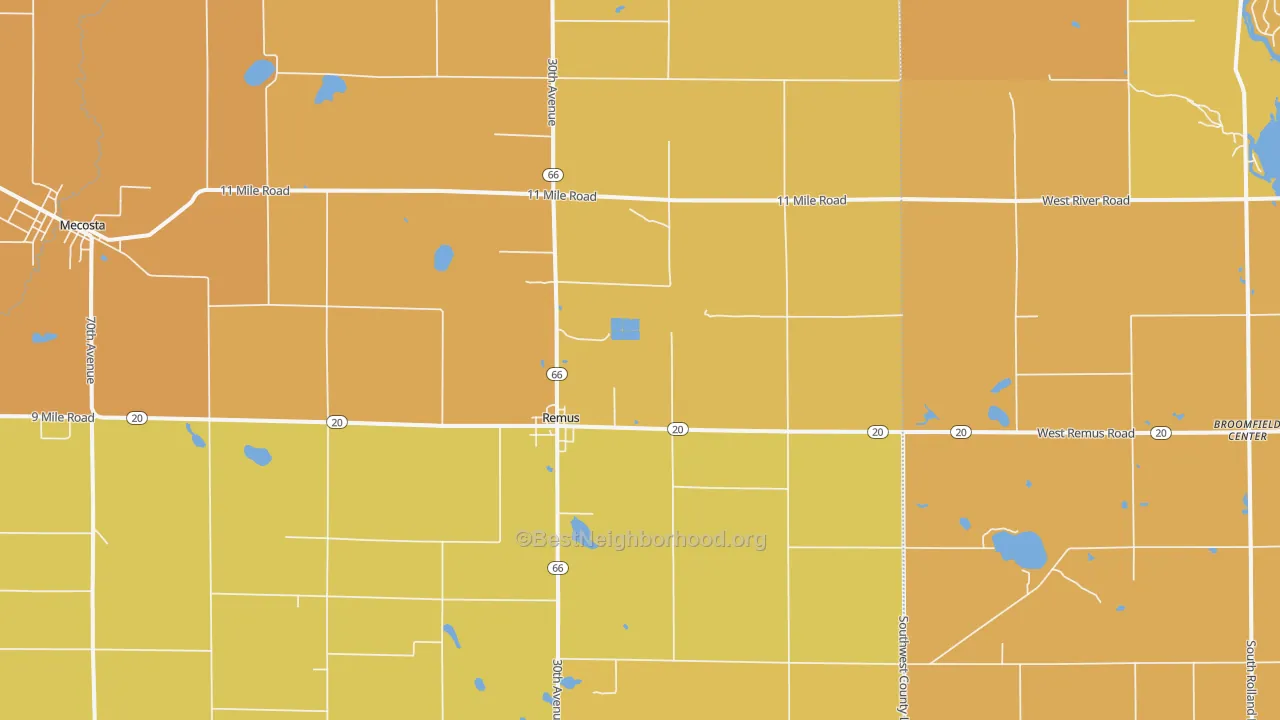 Map of the best neighborhoods in the Remus area, with better matches in green and worse matches in red