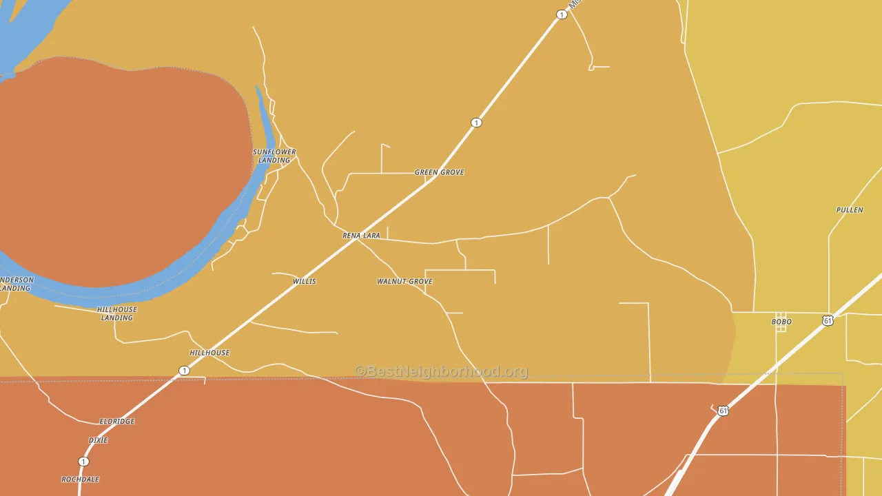 Map of the best neighborhoods in the Rena Lara area, with better matches in green and worse matches in red
