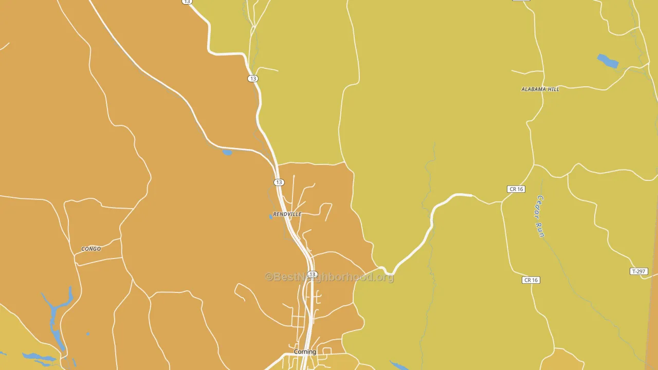 Map of the best neighborhoods in the Rendville area, with better matches in green and worse matches in red