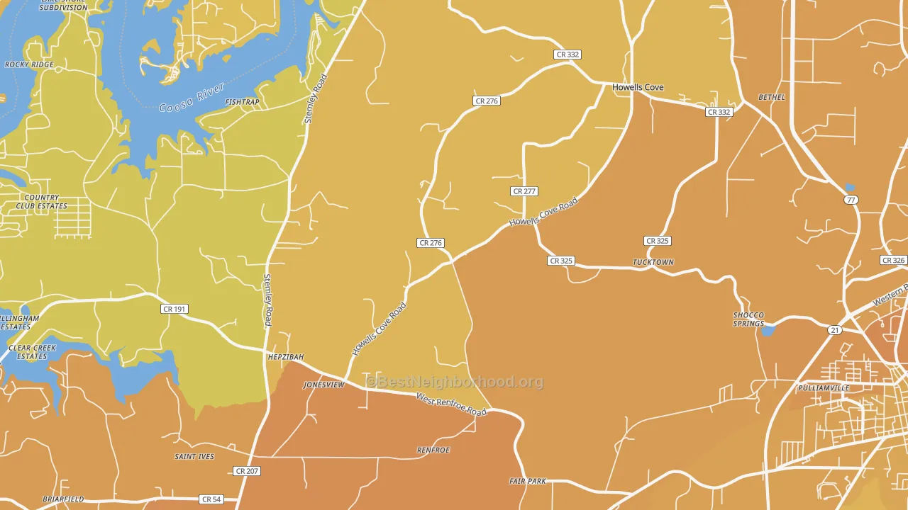 Map of the best neighborhoods in the Renfroe area, with better matches in green and worse matches in red