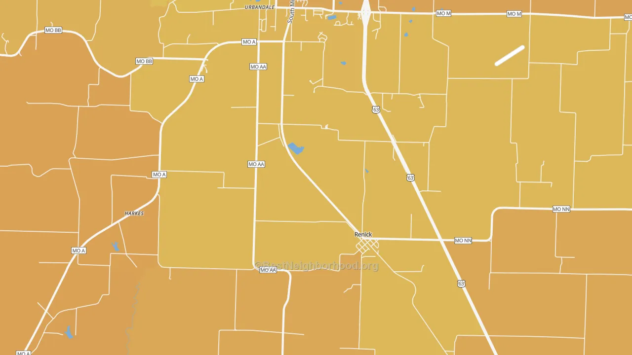 Map of the best neighborhoods in the Renick area, with better matches in green and worse matches in red