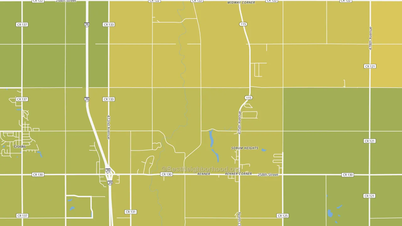 Map of the best neighborhoods in the Renner area, with better matches in green and worse matches in red