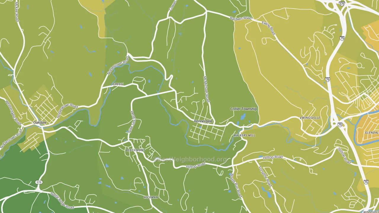 Map of the best neighborhoods in the Rennerdale area, with better matches in green and worse matches in red