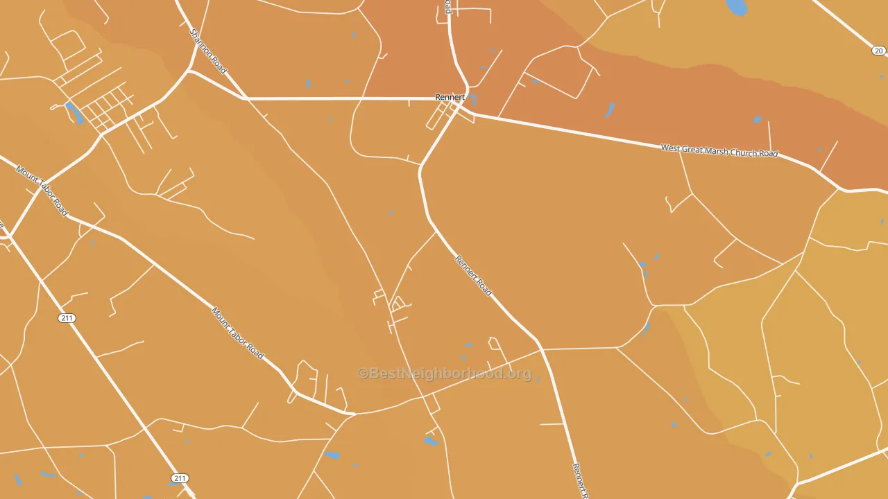 Map of the best neighborhoods in the Rennert area, with better matches in green and worse matches in red