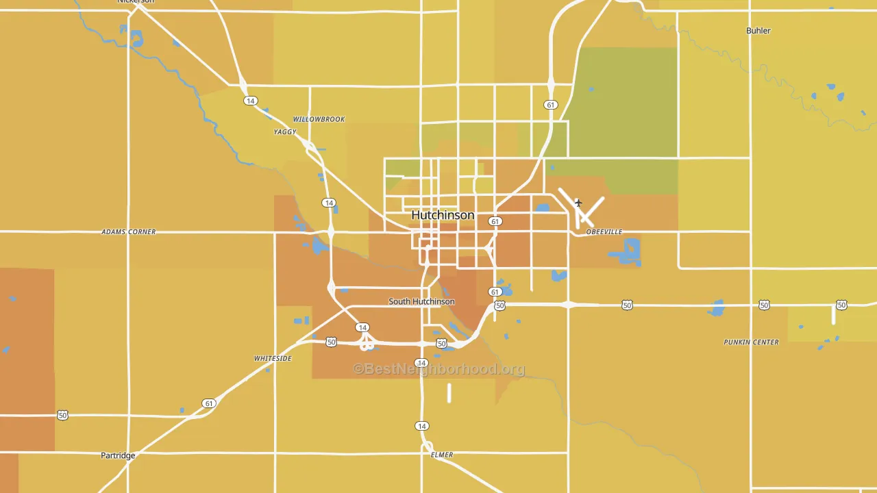 Map of the best neighborhoods in the Reno County area, with better matches in green and worse matches in red