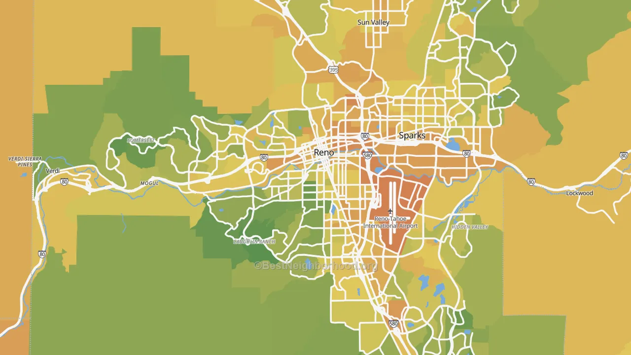 Map of the best neighborhoods in the Reno Metro area, with better matches in green and worse matches in red