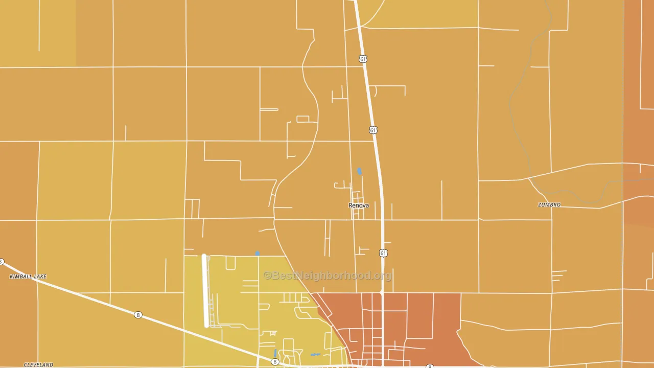 Map of the best neighborhoods in the Renova area, with better matches in green and worse matches in red