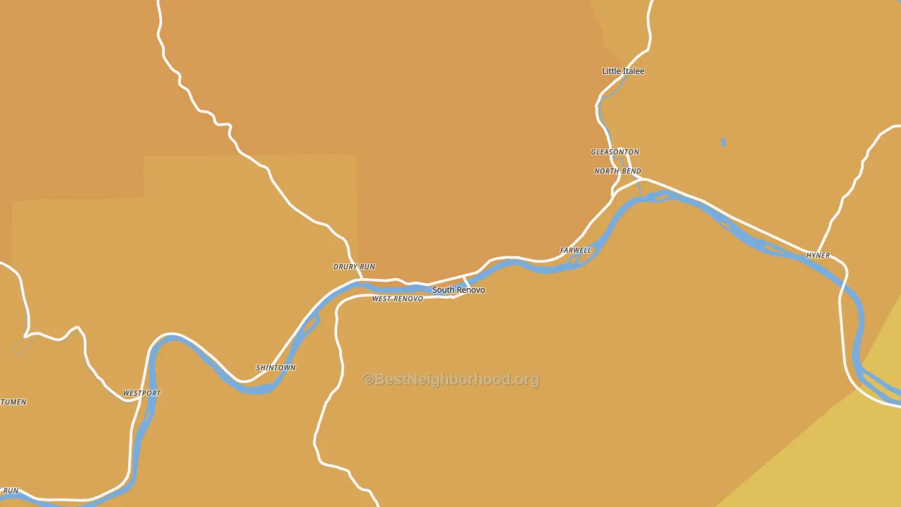 Map of the best neighborhoods in the Renovo area, with better matches in green and worse matches in red