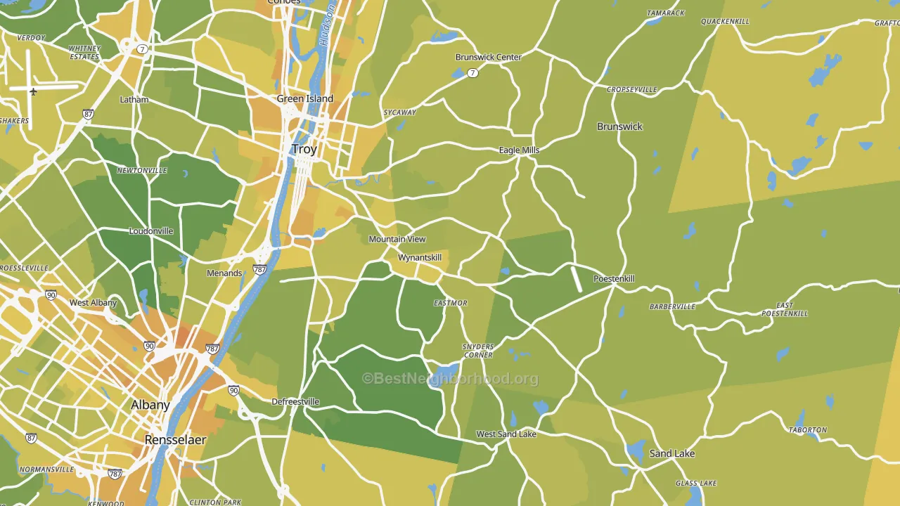 Map of the best neighborhoods in the Rensselaer County area, with better matches in green and worse matches in red