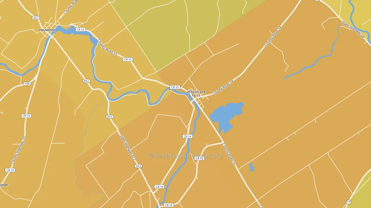 Map of the best neighborhoods in the Rensselaer Falls area, with better matches in green and worse matches in red