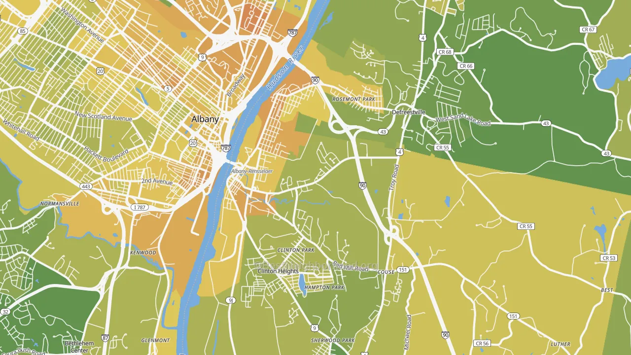 Map of the best neighborhoods in the Rensselaer area, with better matches in green and worse matches in red
