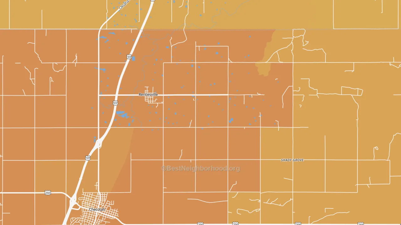 Map of the best neighborhoods in the Rentiesville area, with better matches in green and worse matches in red