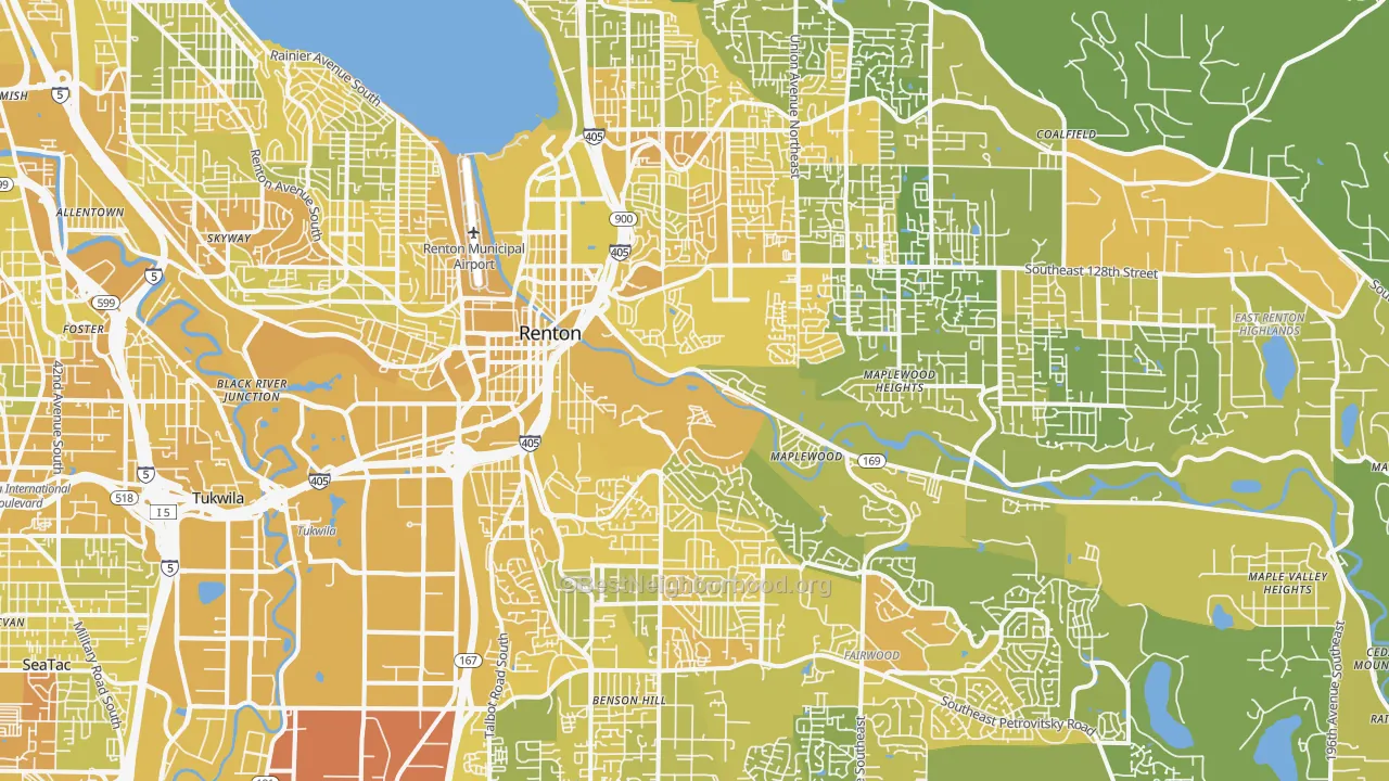 Map of the best neighborhoods in the Renton area, with better matches in green and worse matches in red