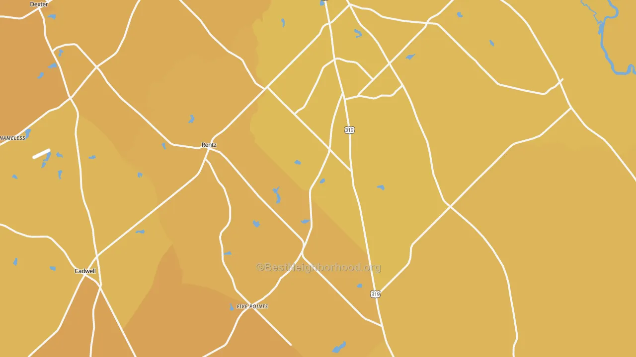 Map of the best neighborhoods in the Rentz area, with better matches in green and worse matches in red